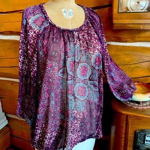 Faded Glory blouse Women's XL 16 - 18 long sleeve Sheer boho shirt purple blue